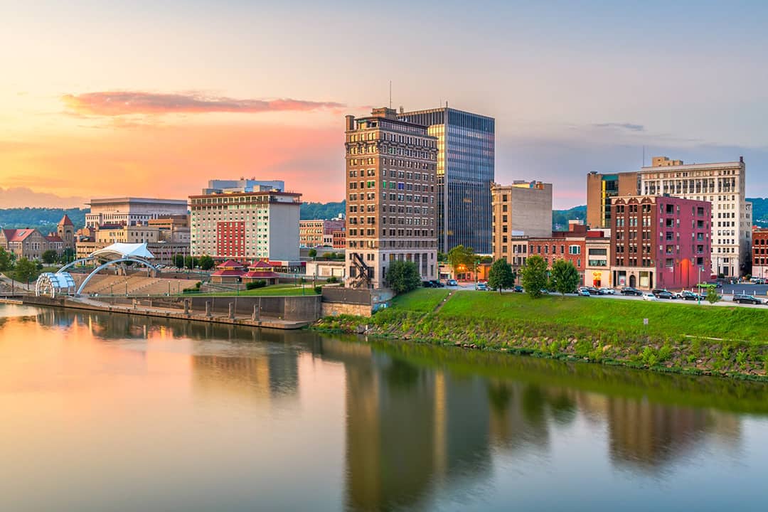A view of the city skyline and Kanawha River in Charleston, West Virginia.